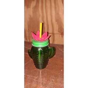 Green Cactus Glass Mason Jar Tumbler Cup with Lid and Plastic Straw 12oz